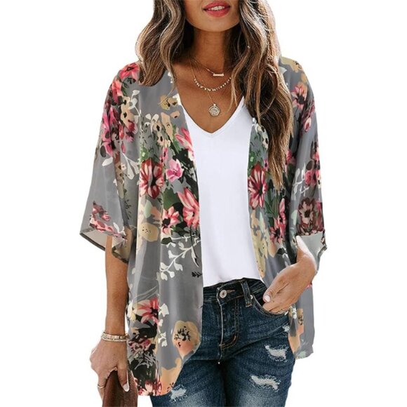 Chiffon Kimono Cardigan – Floral Open Front Cover-Up for Beach or Casual Wear - Picture 4 of 6